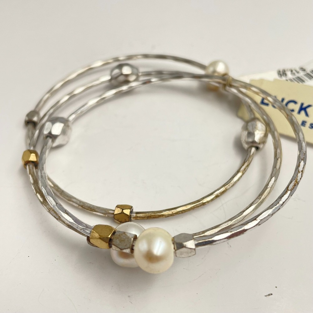 Vintage 80s Lucky Brand Pearl Silver & Gold Tone Bangle Bracelet Set Jewelry
